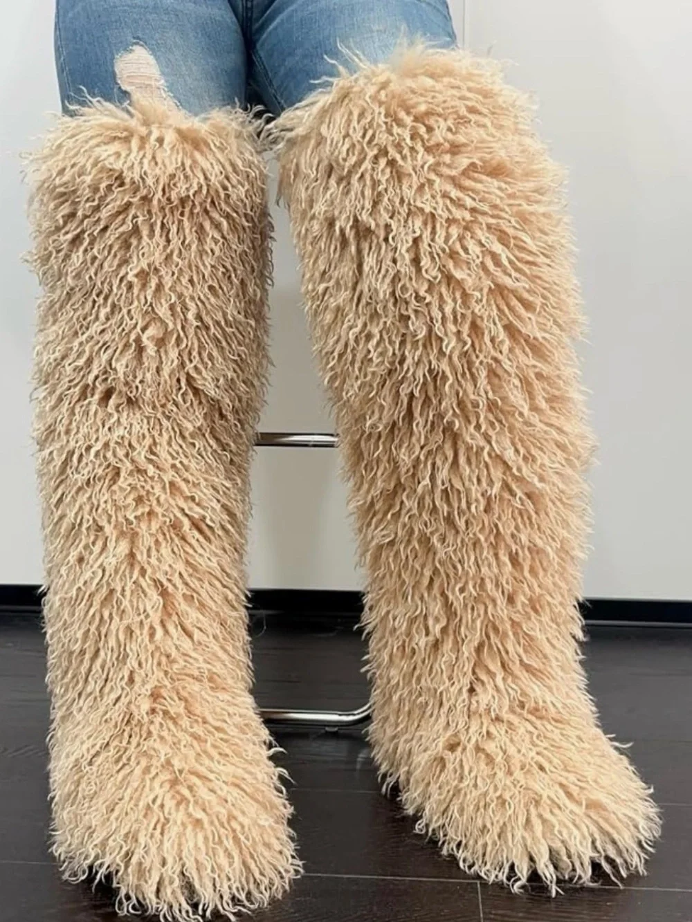 Faux Fur Fluffy over the knee Thigh-High Boots - Beige